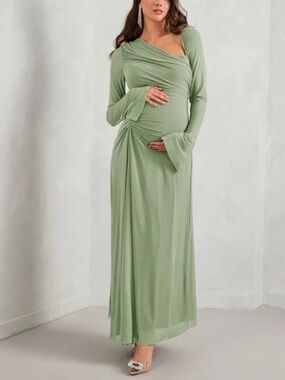Maternity Sage Green One-Shoulder Ruched Maxi Dress